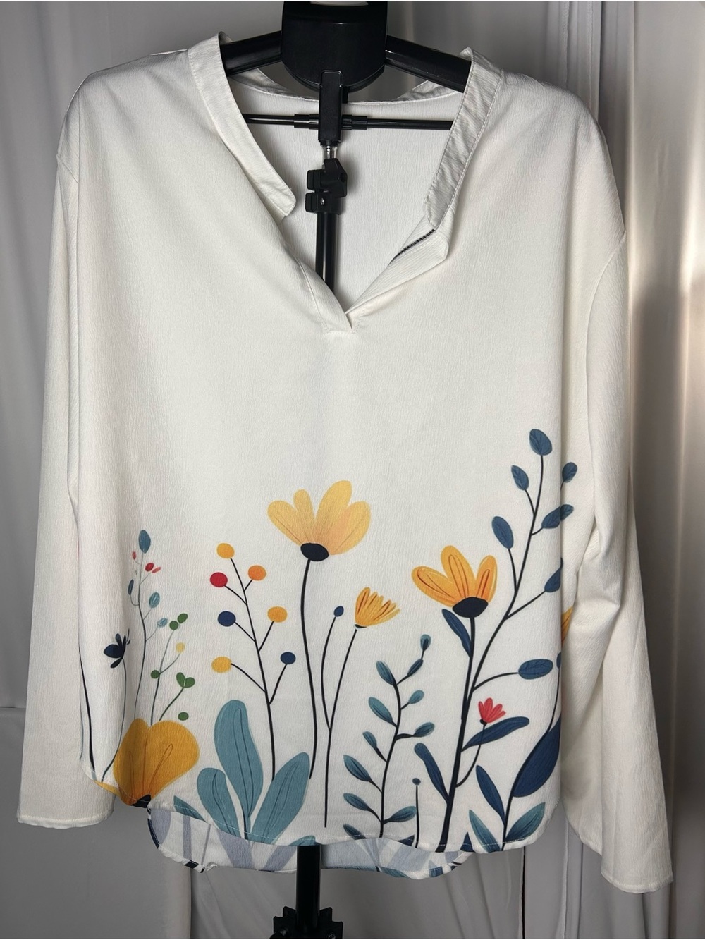 Women’s White Floral V-Neck Blouse with Yellow & Blue Accents